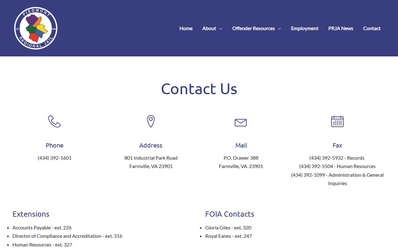 Piedmont Regional Jail records contact for Buckingham County arrest bookings