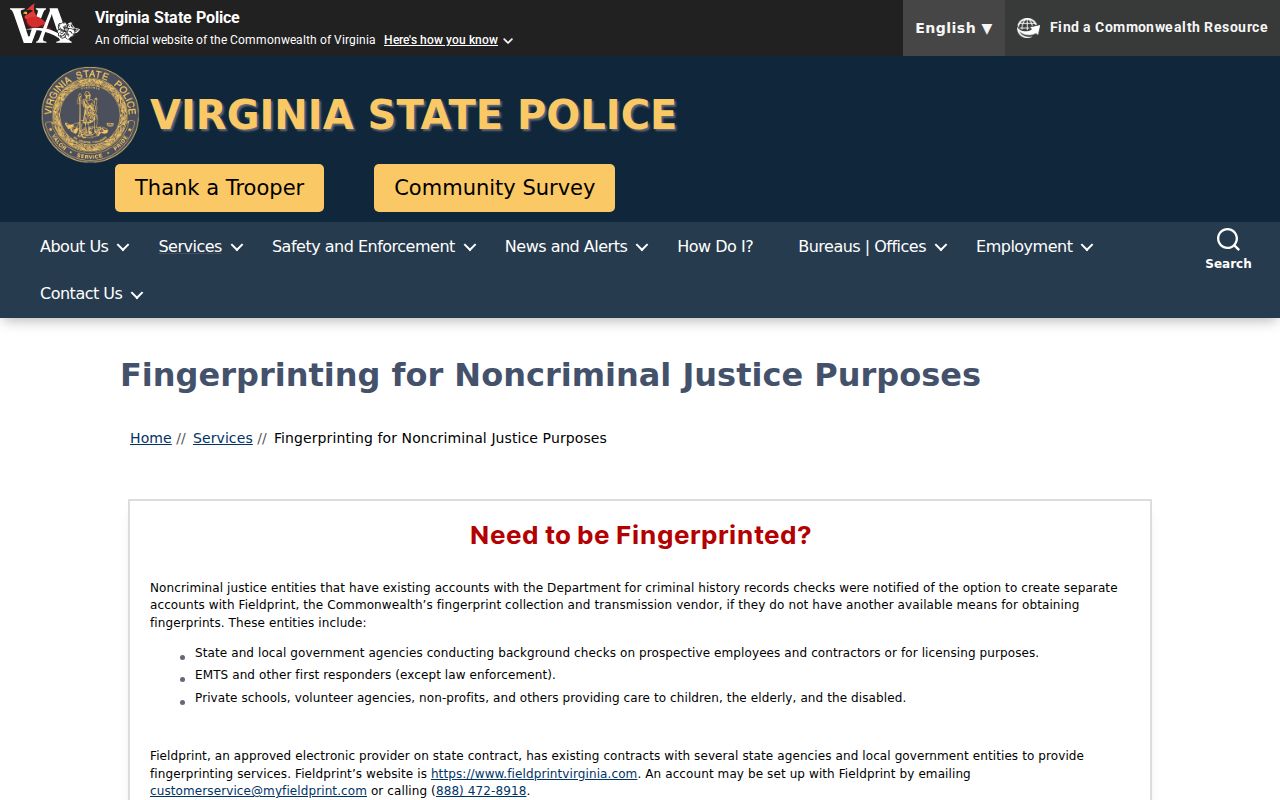 Virginia fingerprint record channel for Buckingham County arrest history