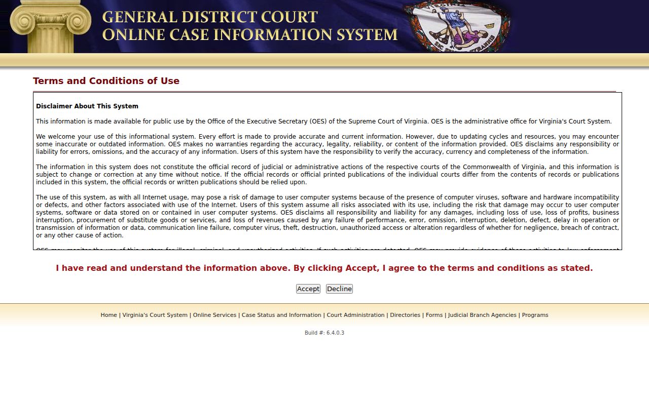 Buckingham County criminal court case search fields in Virginia General District Court